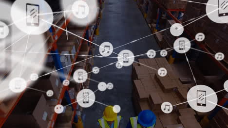 animation of network of connections over diverse workers in warehouse