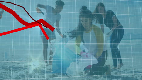 animación del procesamiento de datos sobre diversos voluntarios limpiando la playa.