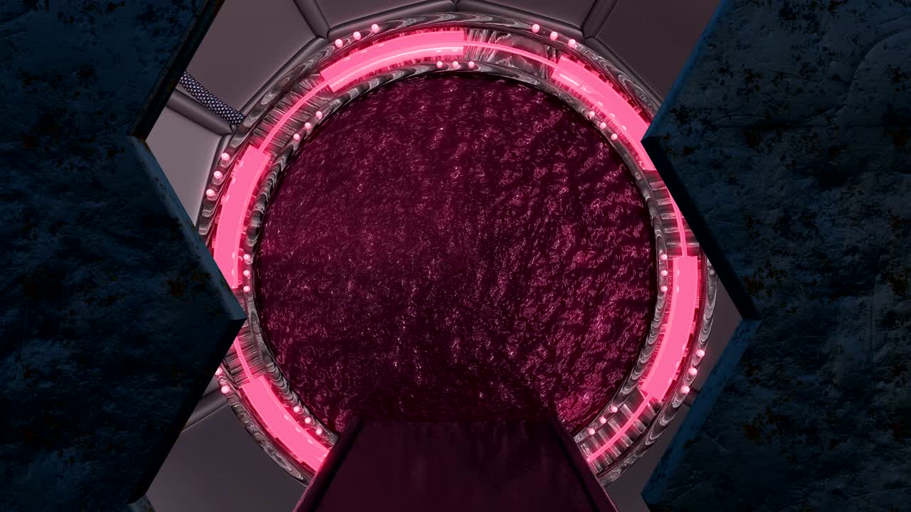 la escotilla oxidada de hierro abre una vista panorámica a la escena del paisaje de la nave espacial. fondo abstracto 3d de corredor de ciencia ficción con portal. tecnología futurista abstracto vj para títulos tecnológicos y fondo.