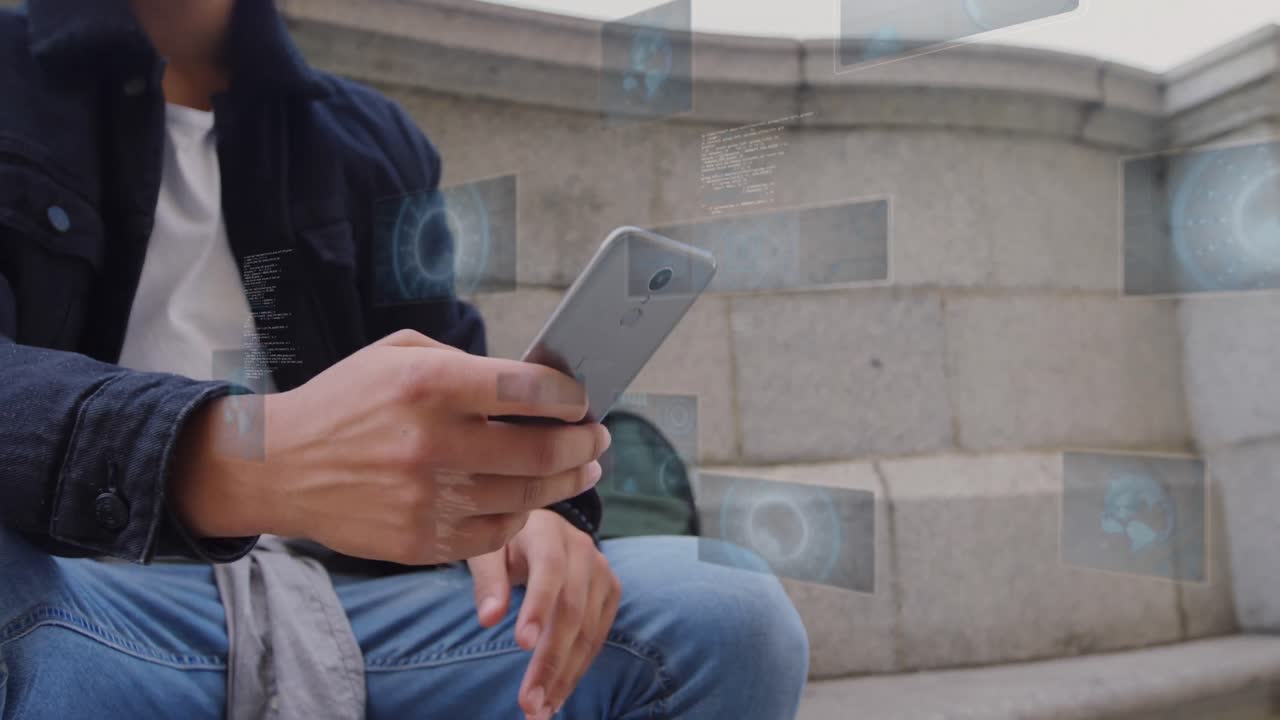 Animation of financial data processing over biracial man using smartphone