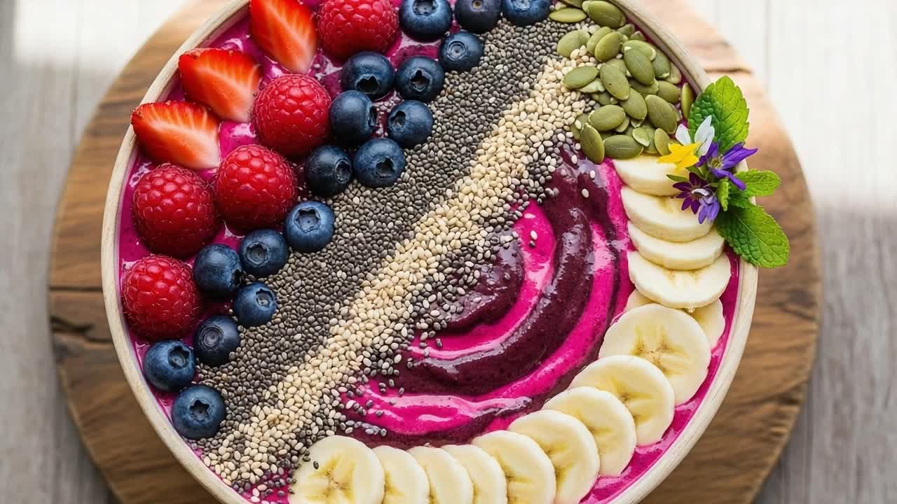 Vibrant and Nutritious Smoothie Bowl Topped with Fresh Berries, Bananas, Chia Seeds, and Edible Flowers for a Colorful and Healthful Breakfast Experience