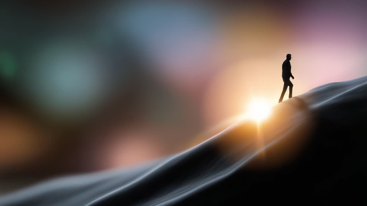 A solitary figure journeys across undulating hills, illuminated by a mesmerizing sunset, capturing the essence of exploration and the beauty of solitude