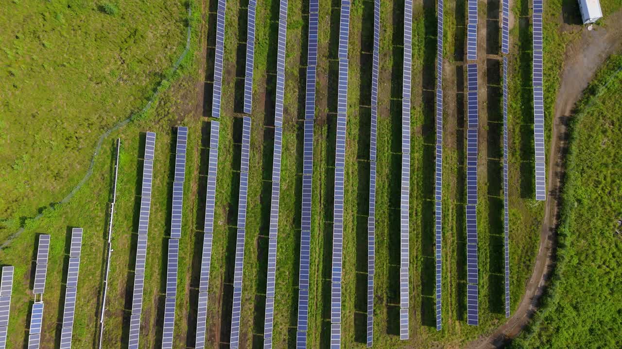 Rows Of Panels On A Solar Farm, Producing Eco Friendly And Renewable Energy. Aerial Flyover.