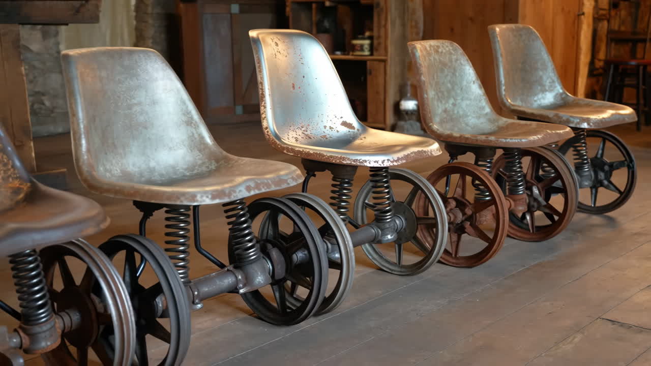 Row of Unique Industrial-Style Chairs with Springs and Wheels