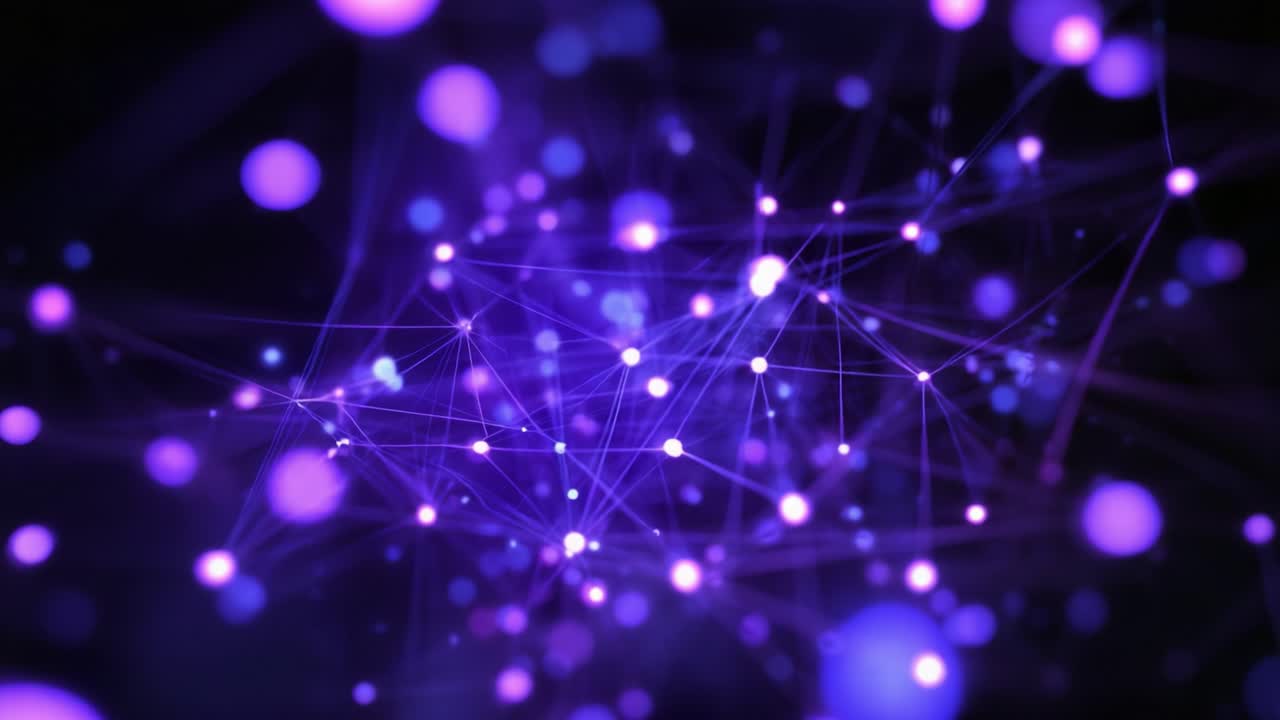 Purple plexus structure of glowing dots and lines slowly moving in a digital space with blurred bokeh lights, representing concepts of technology, connectivity, and big data visualization