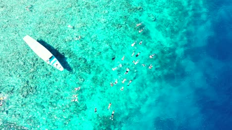 snorkeling en la bahía de tortugas en la isla perhentian, botes de aguas turquesas cristalinas y un gran grupo de turistas