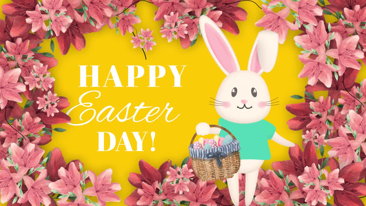 Coniglietto pasquale animato con cesto di uova e testo di Buona Pasqua