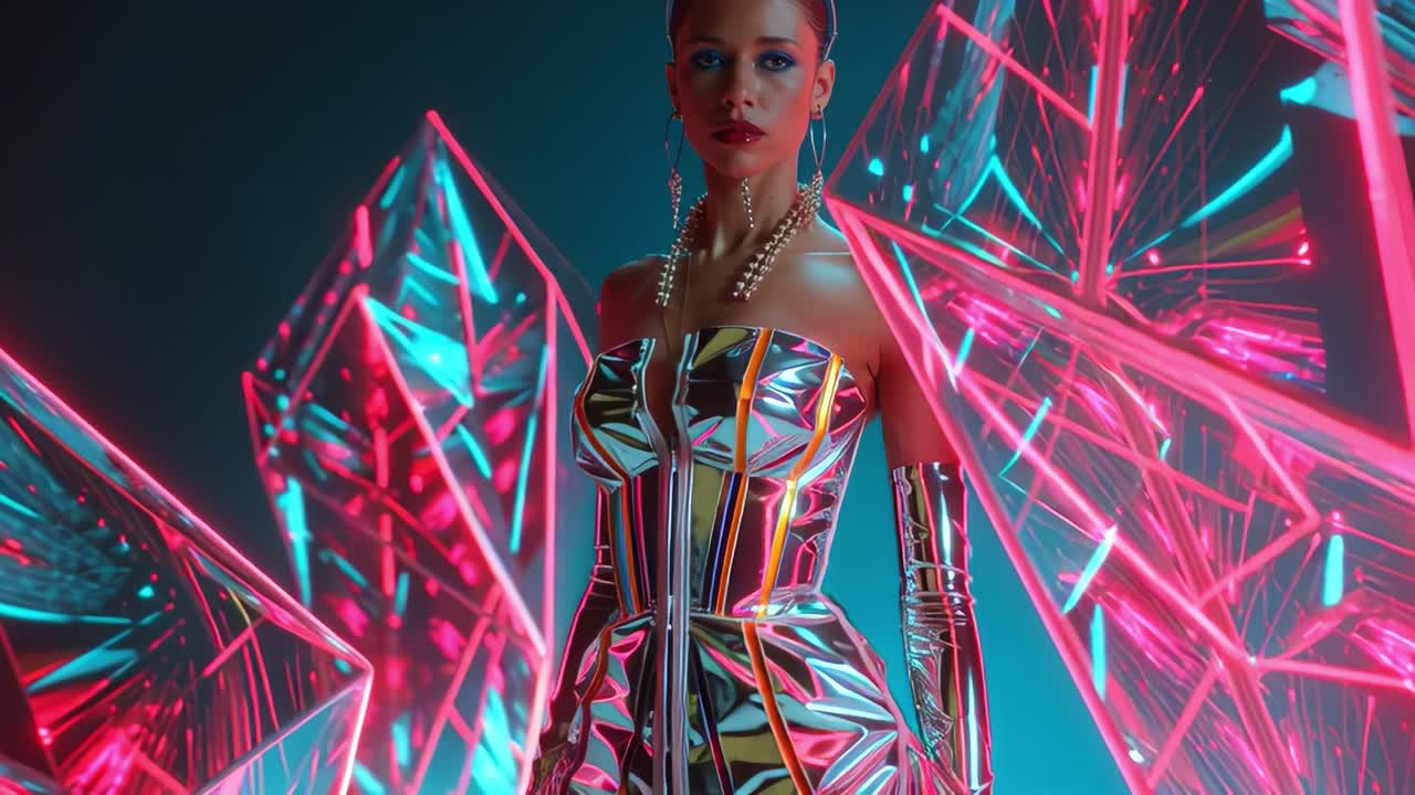 A Stunning Model Poses Elegantly Amidst Shimmering Geometric Forms and Neon Illuminations, Showcasing a Breathtaking Fusion of Fashion and Futuristic Artistry in a Captivating Visual Display
