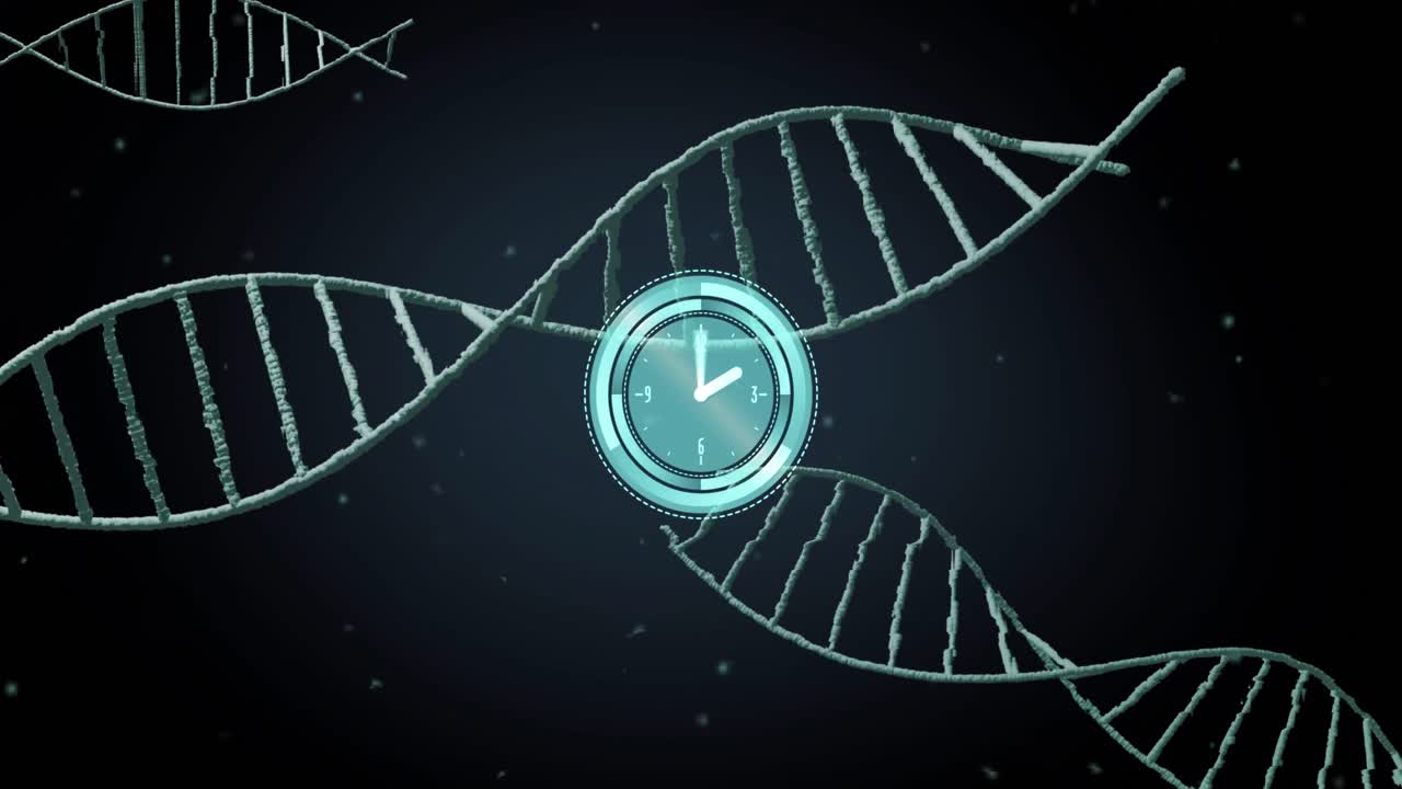 animación de un reloj que se mueve sobre cadenas de adn sobre un fondo negro