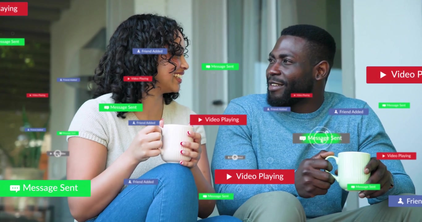Couple clinking mugs activating tech UI overlays clustering then fading during covered porch chat