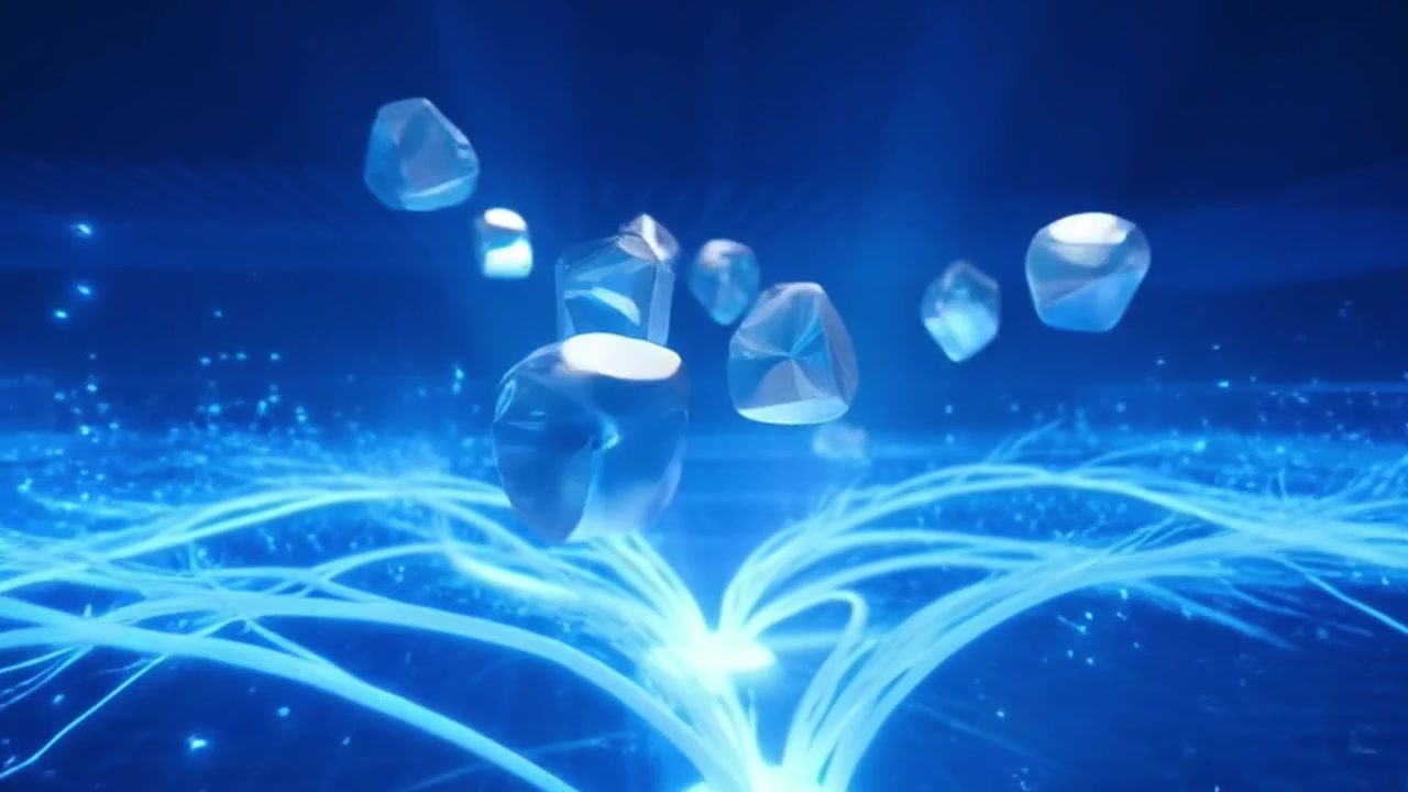 Abstract Digital Network with Floating Geometric Shapes and Glowing Light Trails