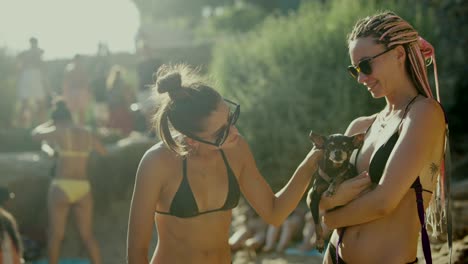 two women in bikinis with a small dog at a sunny beach