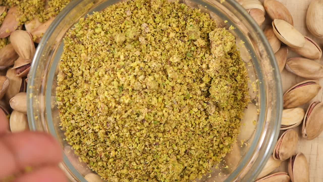 Chopped pistachios in a bowl