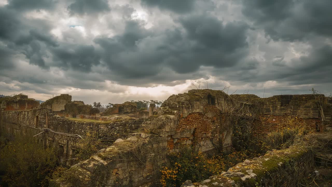 Camera pulling closer, showing exposed red bricks and arch in crumbling ruin to reveal decay