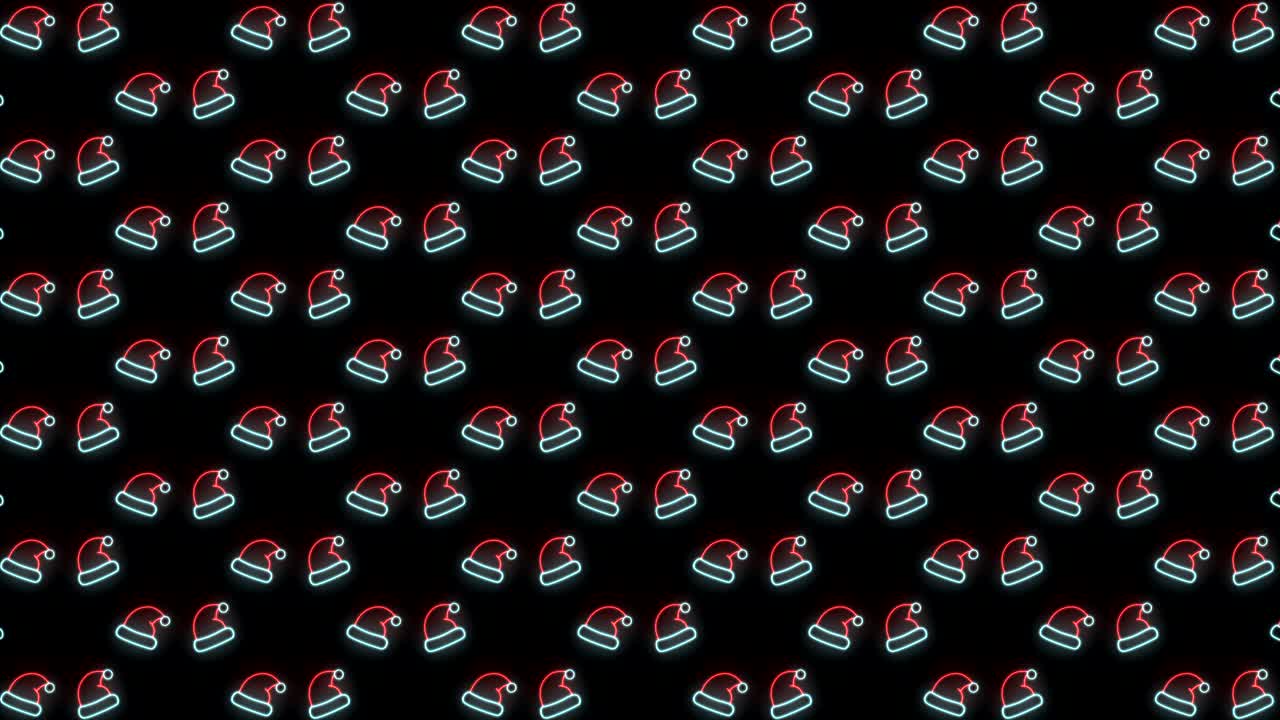 빨간색 흰색과 검은색 루핑 애니메이션에서 산타 모자의 네온 크리스마스 패턴 배경