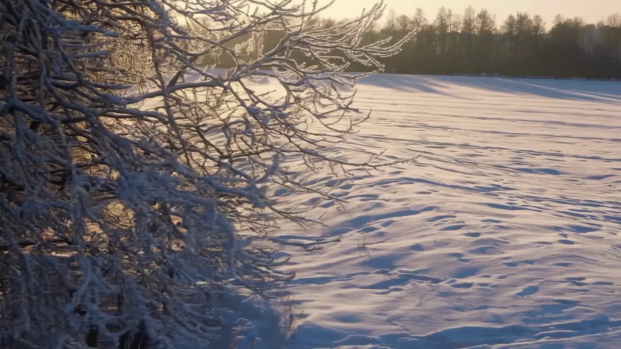 Aerial video captures a serene winter landscape at sunrise, with snow-covered fields and frosty