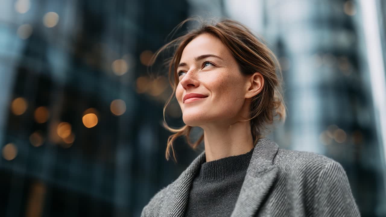 A Confident Woman Enjoying the Urban Landscape: Captivating Moments of Reflection Amidst Glass and Lights in a Modern City Setting