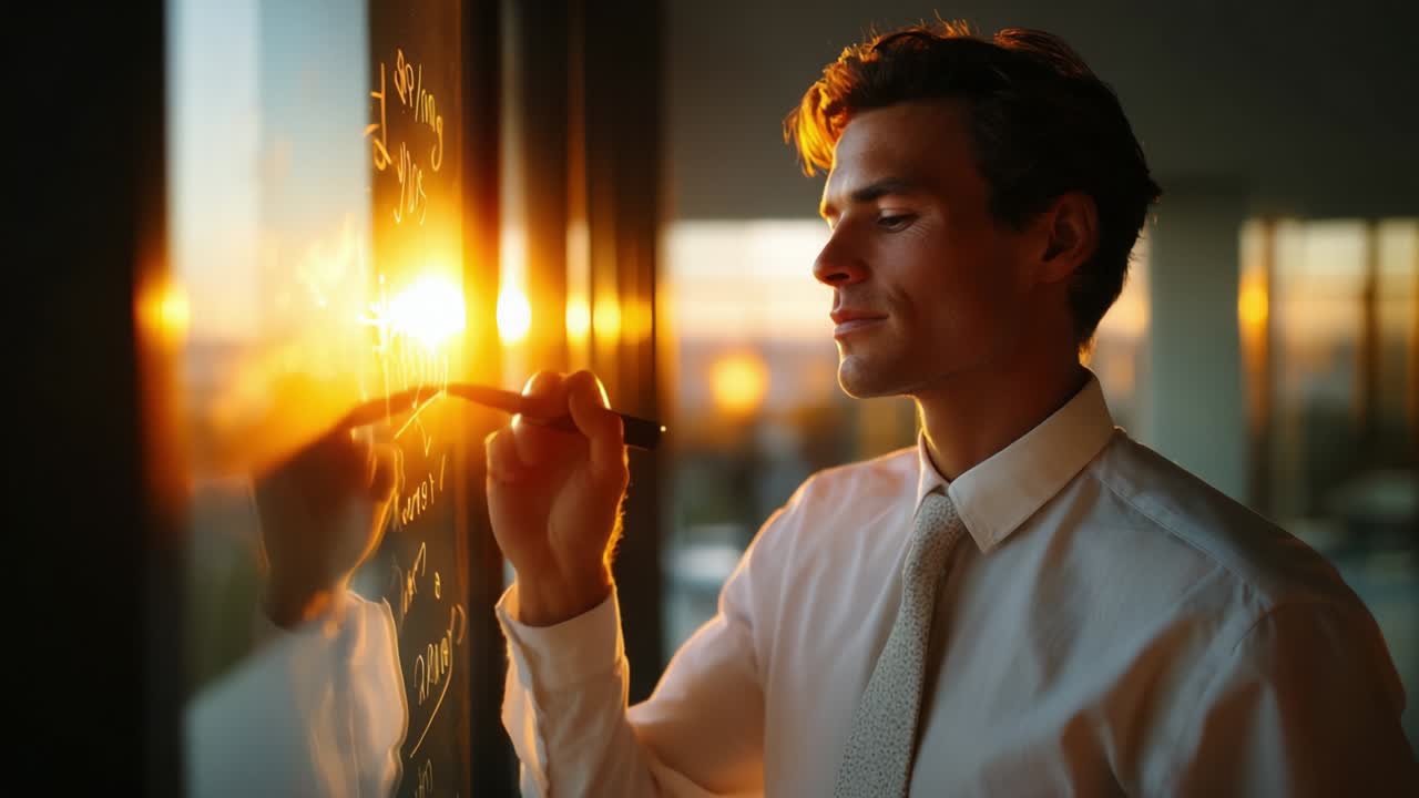 A Thoughtful Professional Man Engaged in Writing on a Glass Surface While Illuminated by a Warm Sunset, Capturing the Essence of Inspiration and Creativity in an Urban Setting