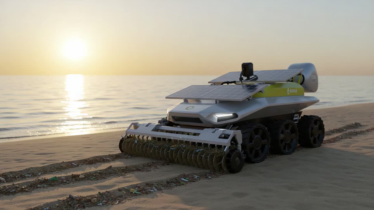 Un robot pulitore futuristico progettato per gli ambienti balneari, che mostra le sue capacità di energia solare mentre raccoglie i rifiuti lungo la costa all'alba