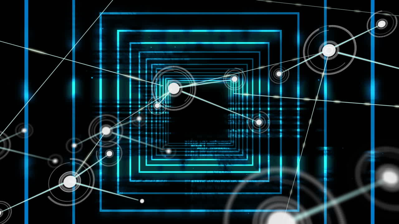 검은 바탕에 네온 파란색으로 빛나는 터널에 대한 연결 네트워크의 디지털 애니메이션