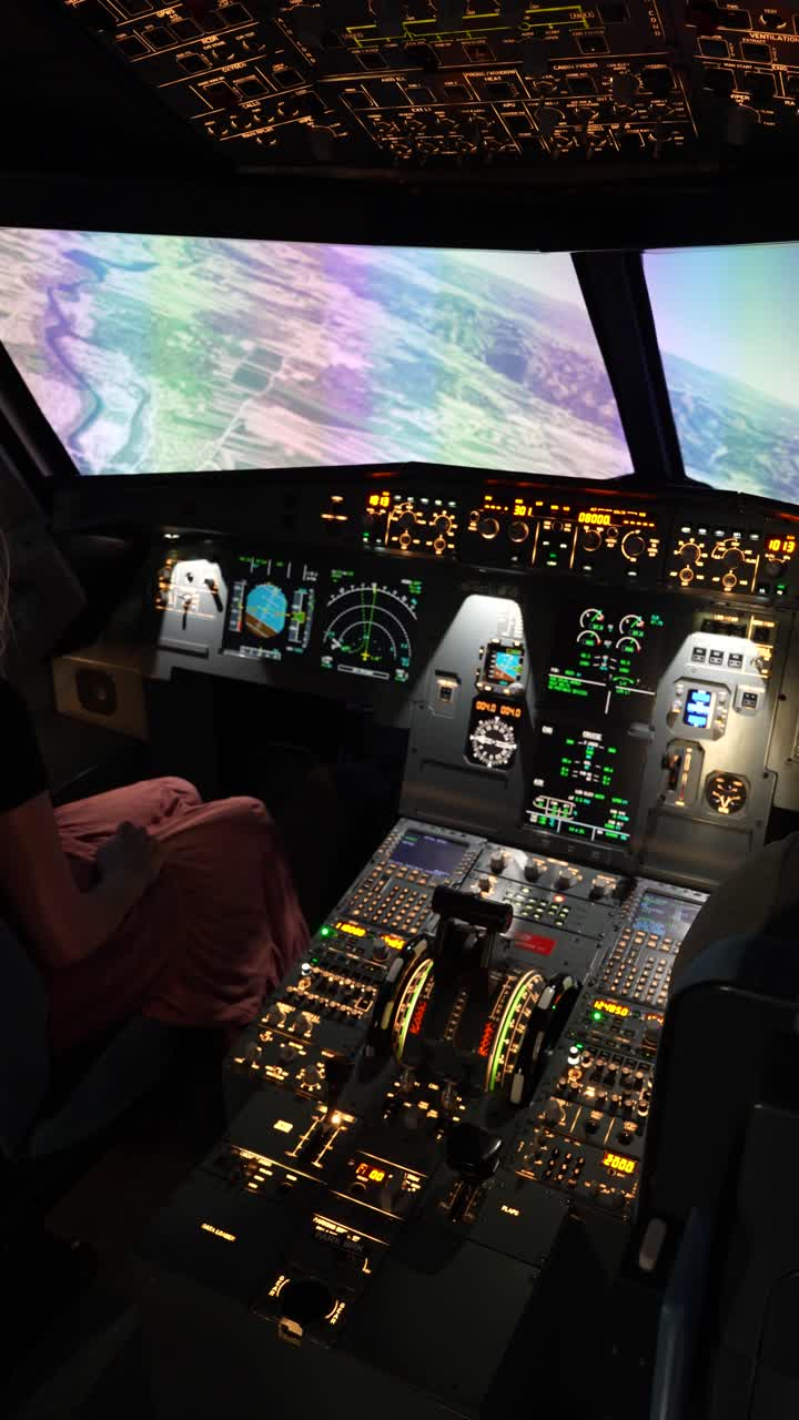 Vertical view inside Airbus A320 cockpit showing instruments and pilots during flight