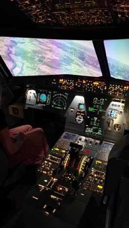 vertical view inside airbus a320 cockpit showing instruments and pilots during flight