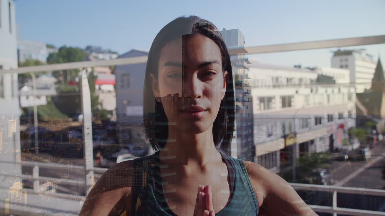 Practicing yoga on balcony, person with animation of cityscape in background