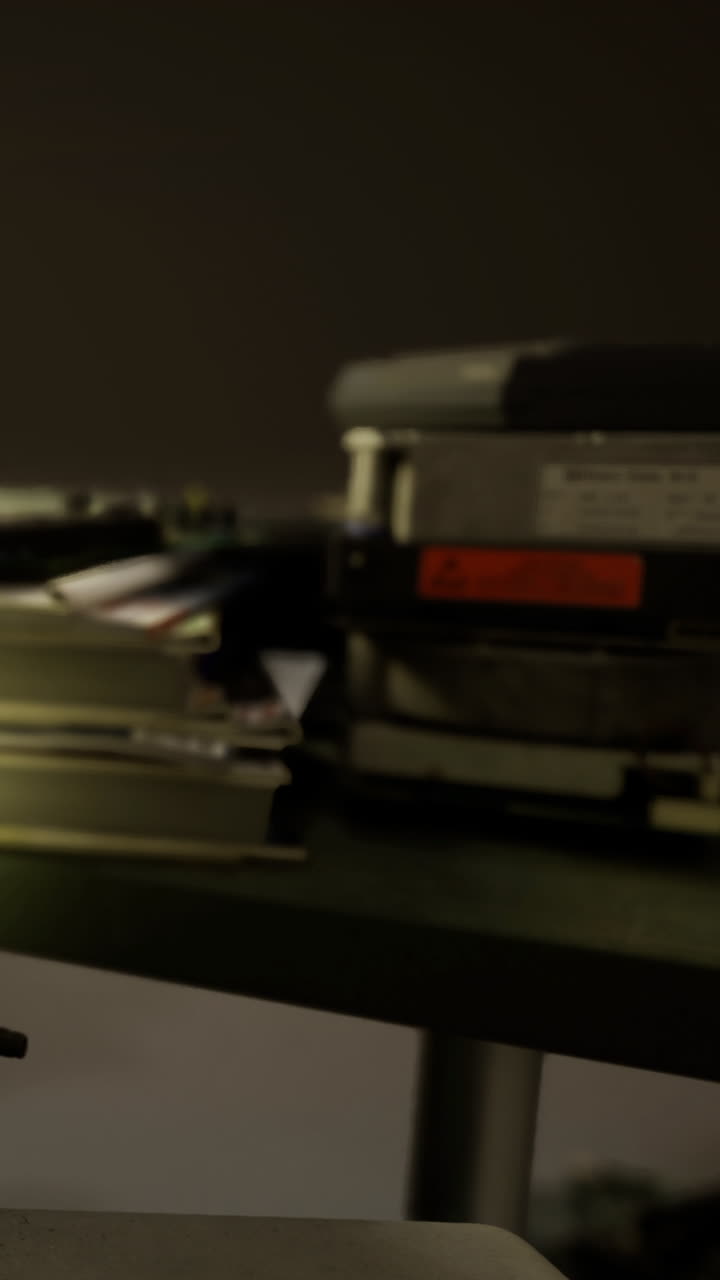 Vecchia attrezzatura cinematografica su un tavolo in una stanza con poca luce.