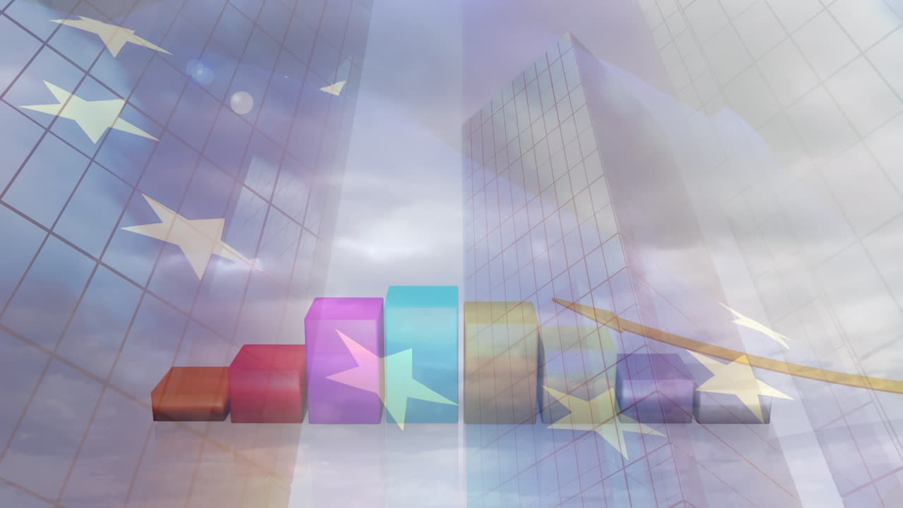 유럽 연합  ⁇ 발의 애니메이션과 도시 풍경 위의 금융 데이터 처리