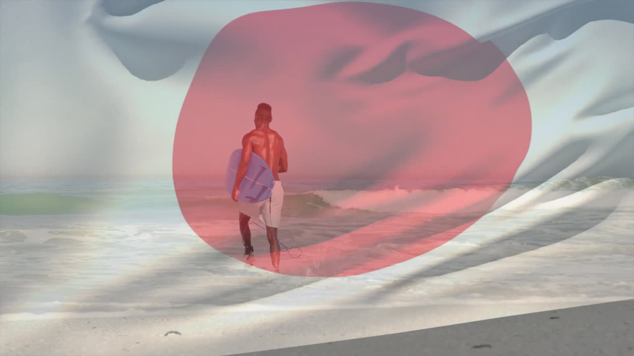 Carrying surfboard, surfer entering ocean with pink animation overlay