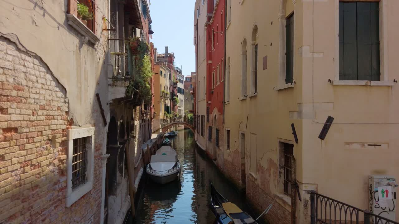 Venetian canal showing a small footbridge and docked boats