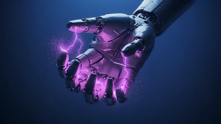 Una mano robotica futuristica imbriglia scintille di fulmini energetici, a rappresentare la tecnologia avanzata e l'integrazione uomo-macchina in un innovativo panorama digitale
