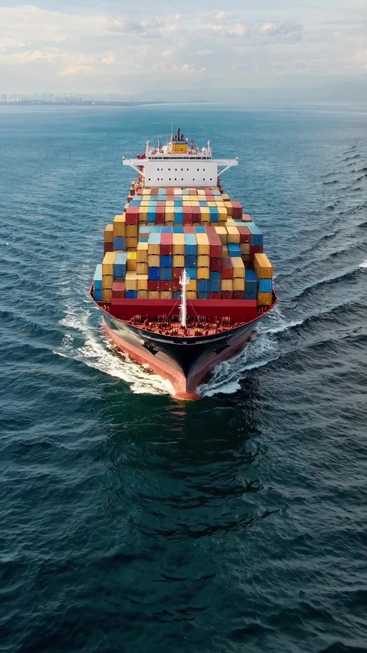 Aerial View of a Large Container Ship Sailing on the Open Ocean