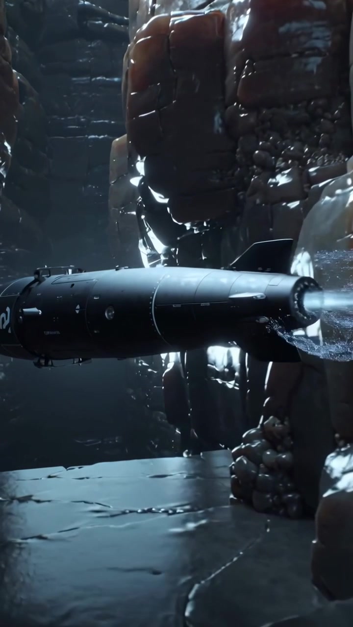 Video verticale: Drone che plana in una grotta umida, con ugello posteriore che spara, formando una bolla per superare le gocce minerali