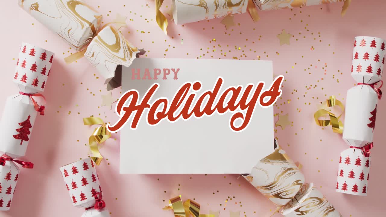 Animation of christmas greetings text over christmas crackers decorations