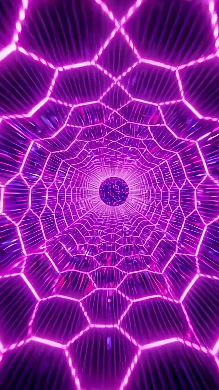 Video verticale: tunnel esagonale al neon pulsante che trascina lo spettatore nel cyberspazio con particelle sferiche magenta