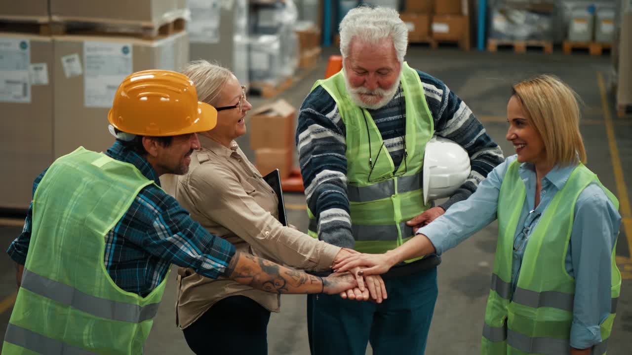 Hands of diverse team warehouse workers making a team circle. Business success concept. Successful team in factory. Team building concept.