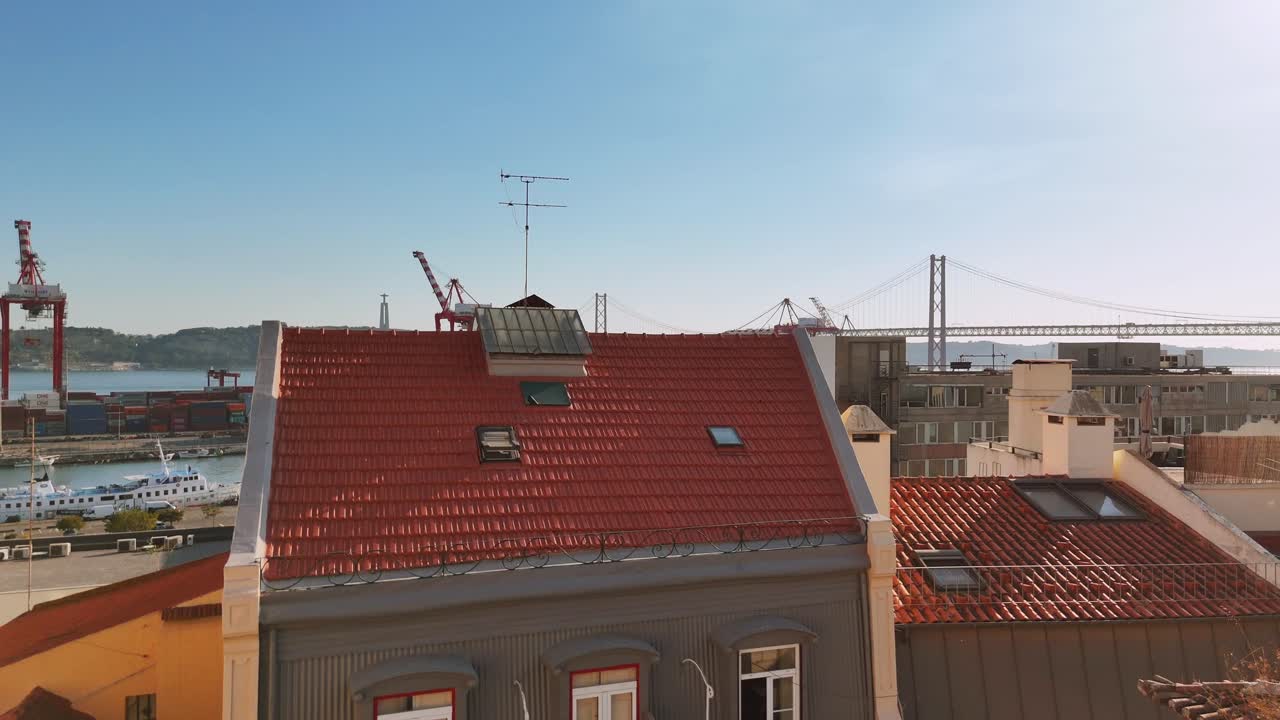 Lisbon Cityscape with Cranes and April 25th Bridge