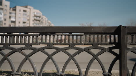 close view of a decorative metal fence with detailed patterns, set against a blurred building, with cars passing by