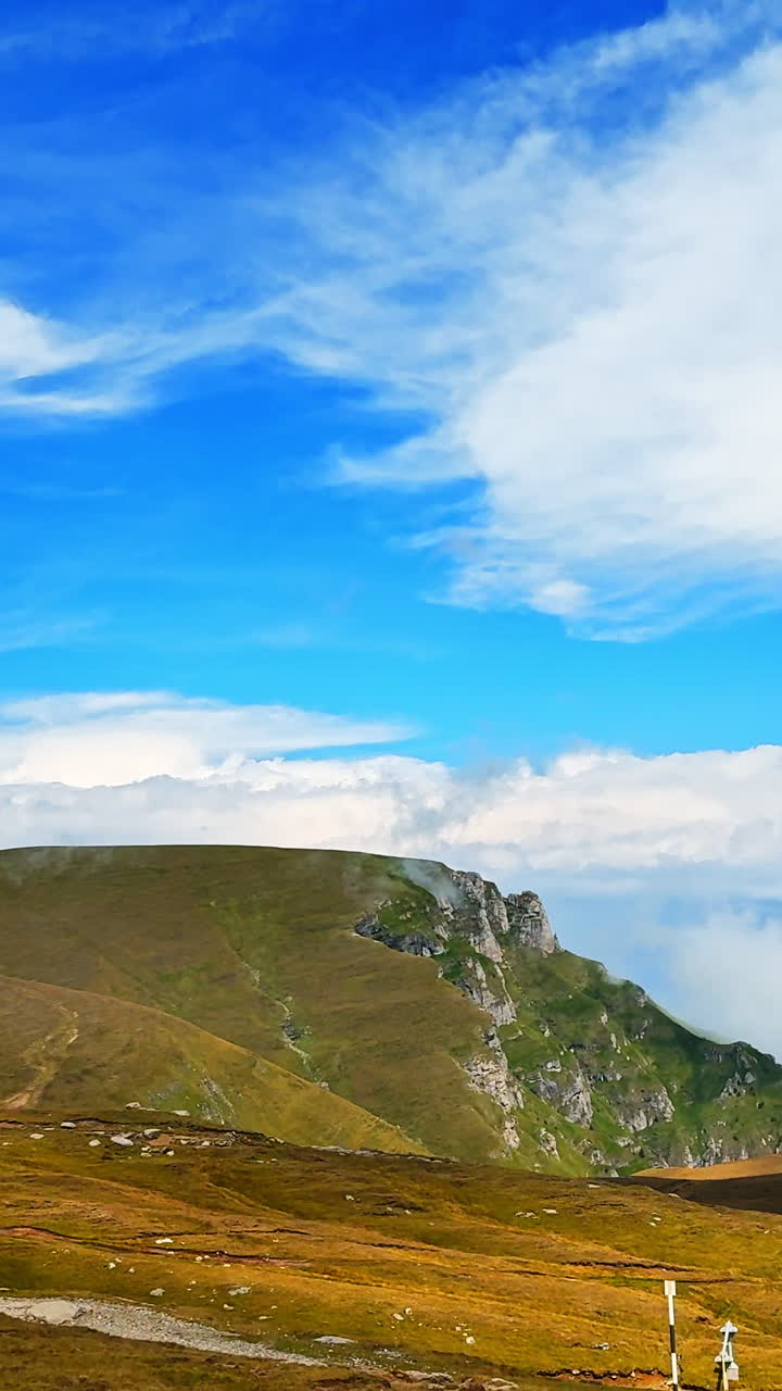 Collina verde ondulata che si trasforma in aspre formazioni rocciose grigie contro un cielo azzurro brillante. Cresta montuosa erbosa che termina in ripide scogliere calcaree. Video verticale.