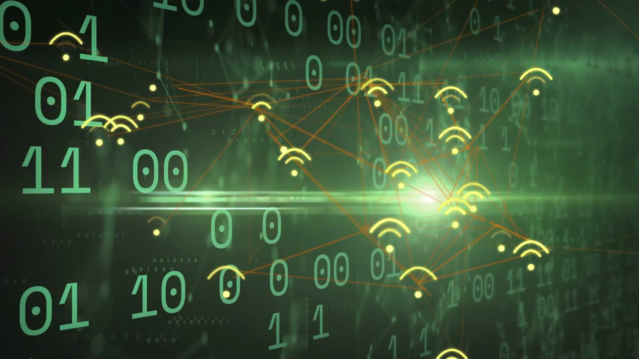 Digital network reacting to green flare, binary digits shifting, nodes pulsing to show data flow