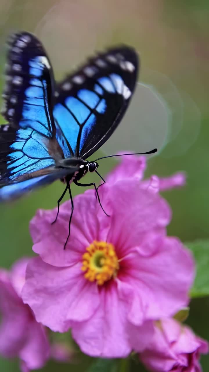 Primo piano video di una vivace farfalla blu posata su un fiore rosa, che mostra le delicate ali.