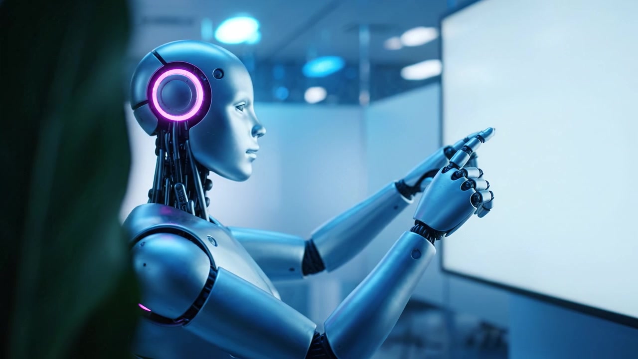 Interfaccia robotica avanzata: un robot futuristico interagisce con un display ad alta tecnologia in uno spazio di lavoro moderno, mostrando tecnologia pionieristica e integrazione AI