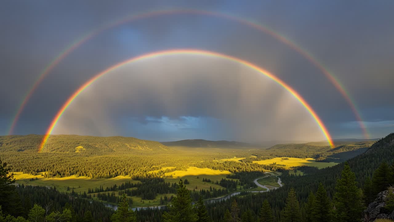 A Stunning Double Rainbow Arches Over a Lush Green Valley, Bathing the Landscape in Vibrant Colors After a Refreshing Rainstorm, a Perfect Nature Scene
