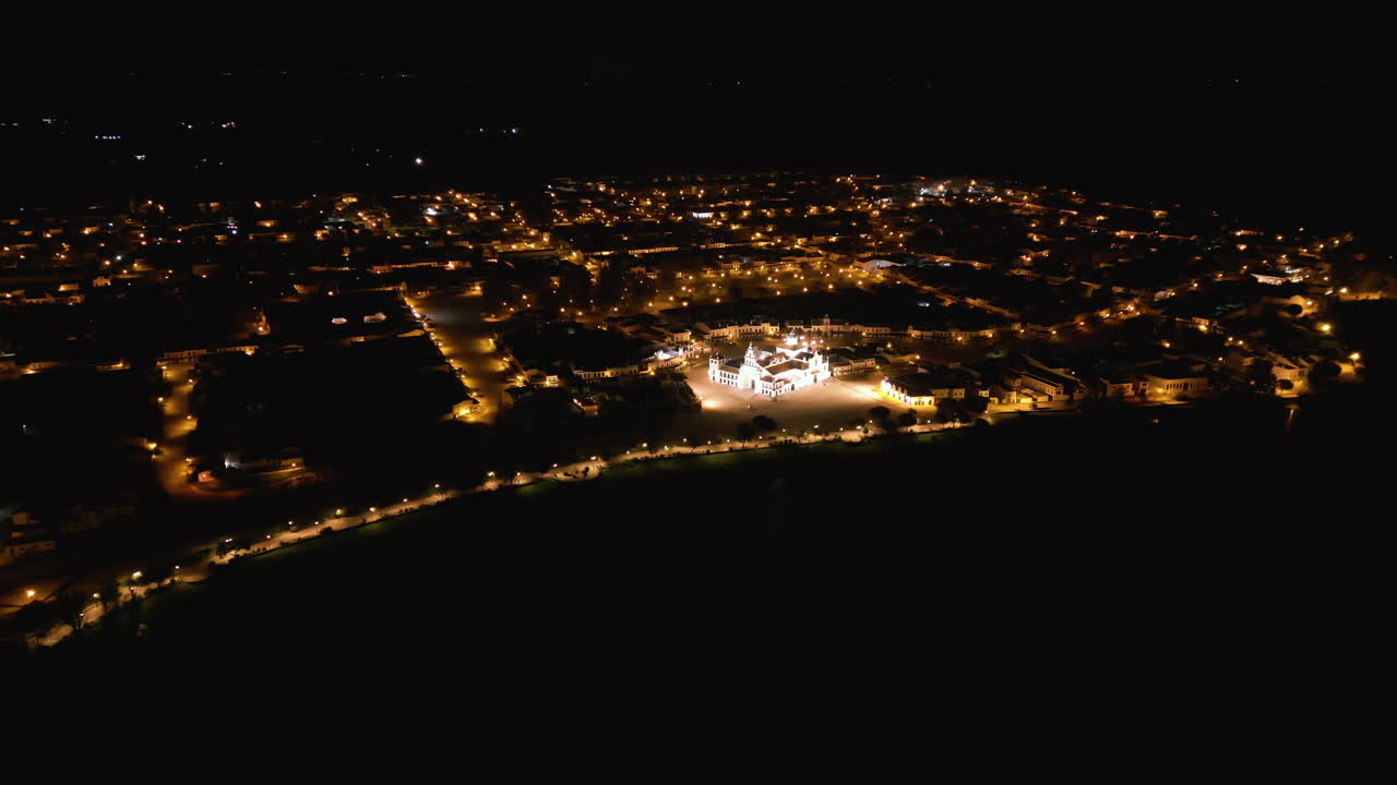 Aerial Drone over the white church. The Virgin of El Rocío is inside