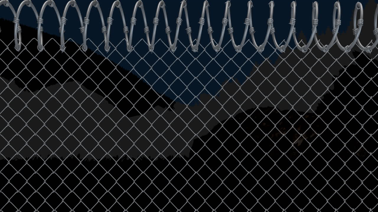 Animation of fence with barbed wire over view of mountains