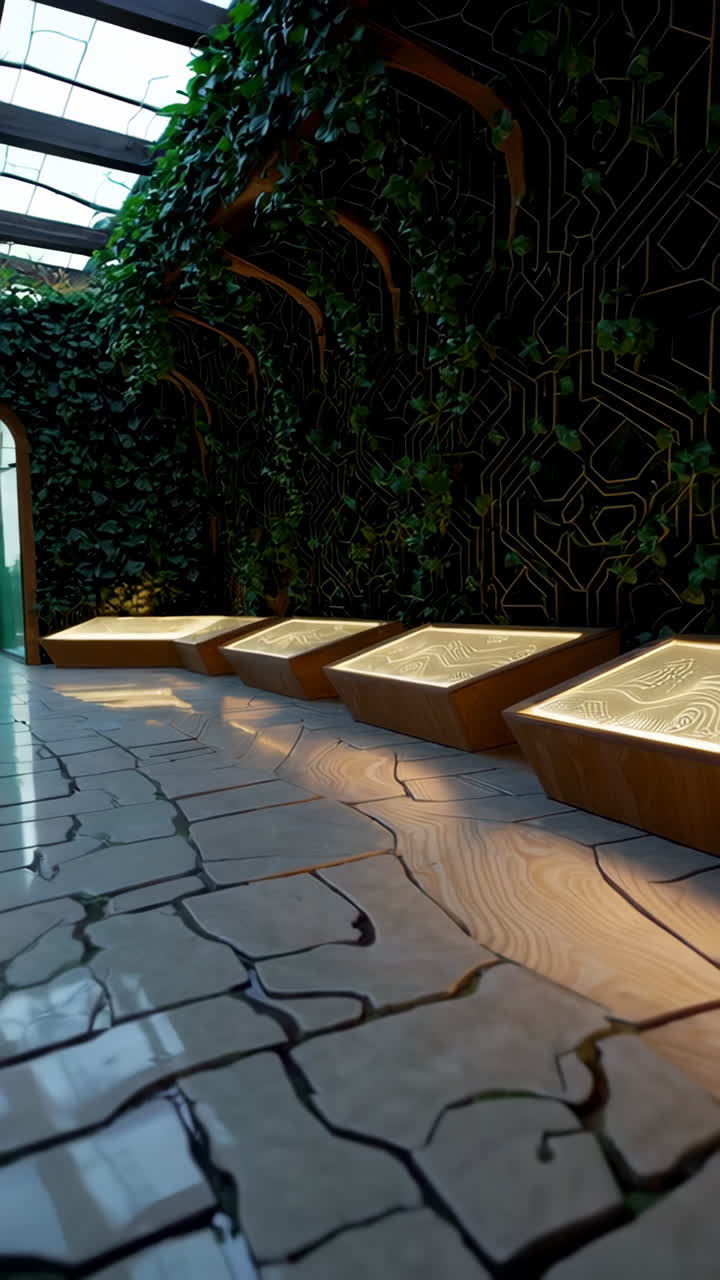 Woman walking through a modern, plant-filled indoor corridor