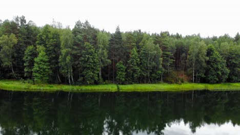 Reflexiones-Del-Paisaje-Del-Bosque-Siempre-Verde-Junto-Al-Lago-Tranquilo-Bajo-Un-Cielo-Despejado-En-El-Pueblo-Cerca-De-Pradzonka,-En-El-Norte-De-Polonia