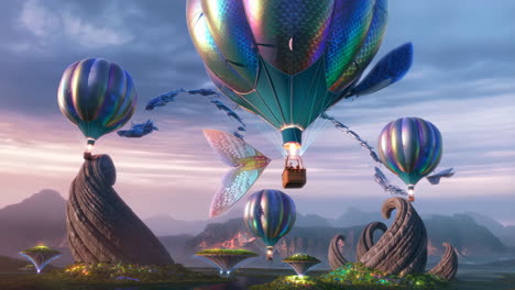 dreamlike hot air balloon adventure in a magical landscape