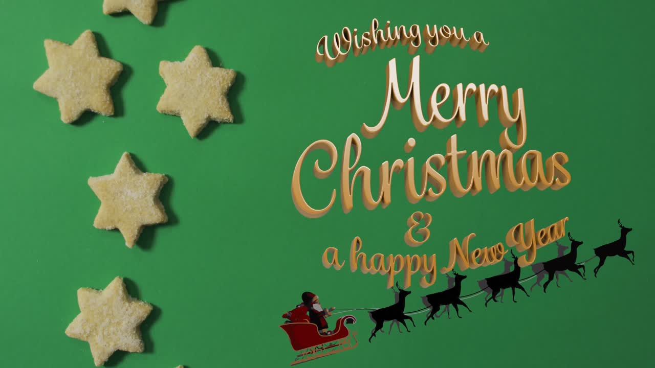 녹색 배경 에 있는 쿠피키 와 산타  ⁇ 매 위 에 "메리 크리스마스" 문자 를 기원 하는 애니메이션